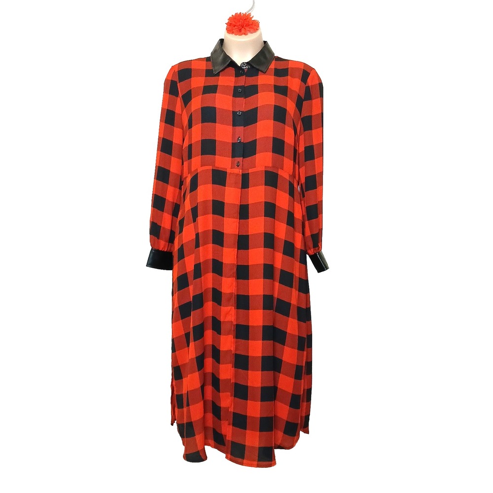 NY&C Women Longline Duster Top XXL Red Buffalo Plaid Checker Faux Leather Trim - Picture 2 of 10